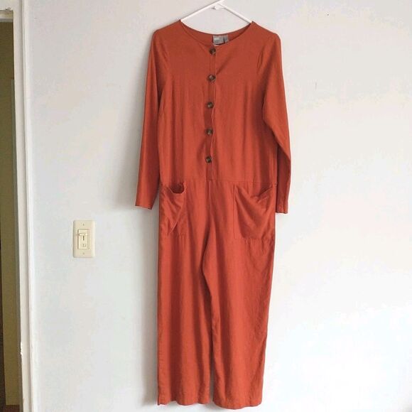 Asos Jumpsuit Pants M/S*BrownRust Linen Blend Long Sleevepocket Button Lagenlook - Picture 1 of 11